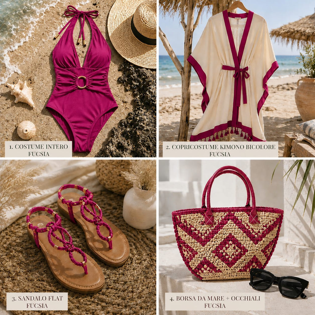 Set Mare Olbia 5 Pezzi Completo: Costume, Copricostume, Sandali Gioiello, Borsa e Occhiali da Sole