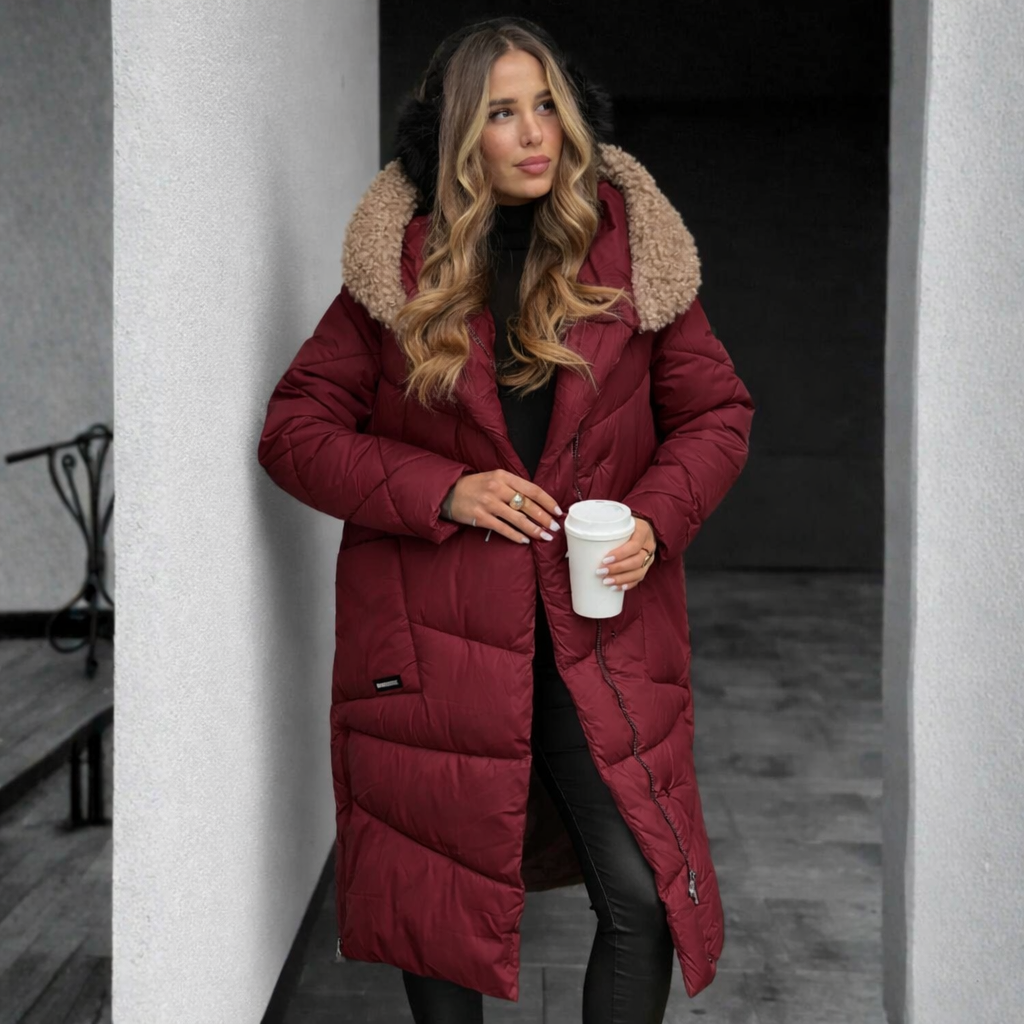 Piumino Lungo Donna  con Cappuccio in Eco-Pelliccia | Caldo, Elegante