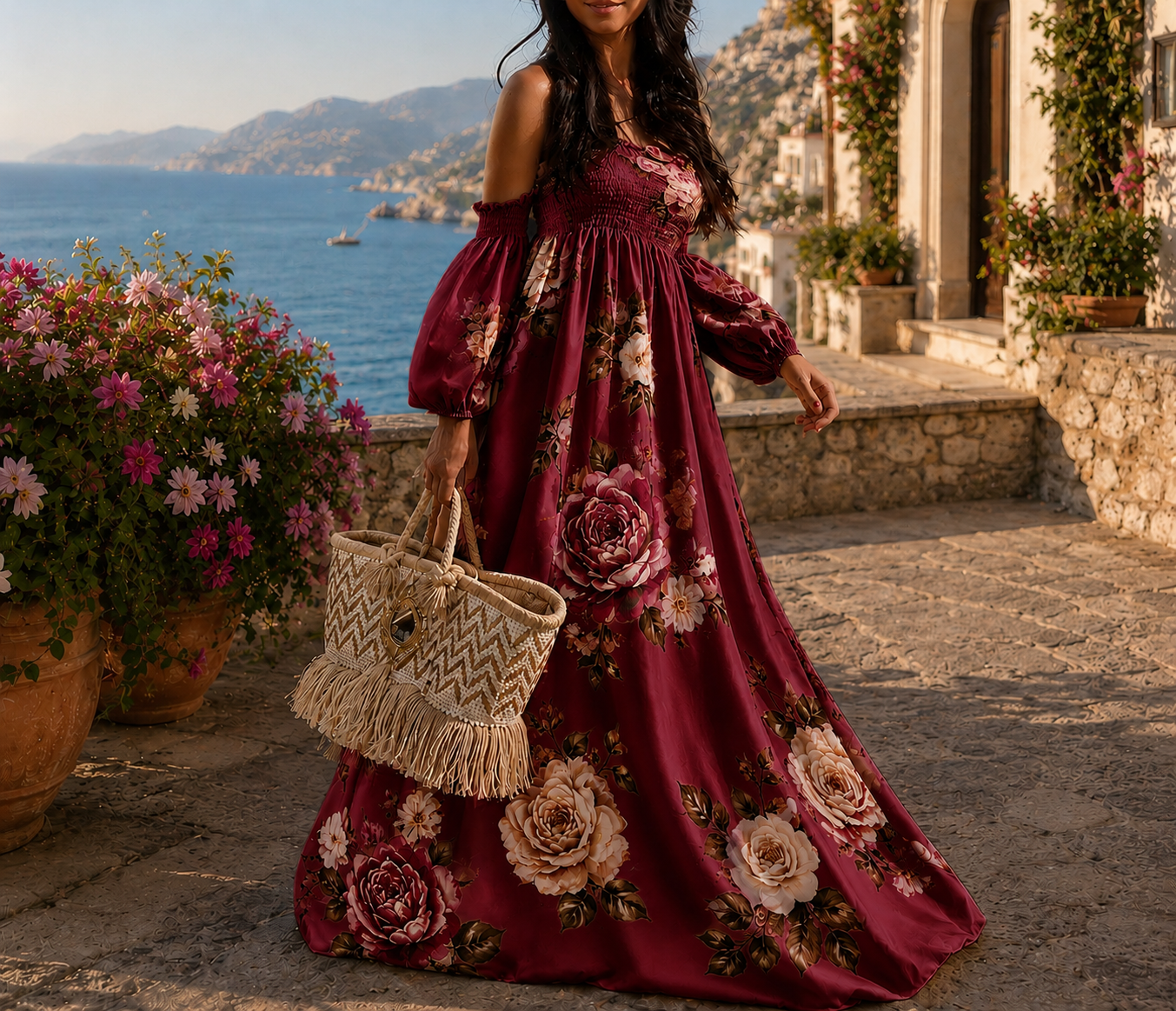 Abito Lungo Floreale Romantico con Spalle Scoperte + Borsa in omaggio – Stile Boho Chic Estivo