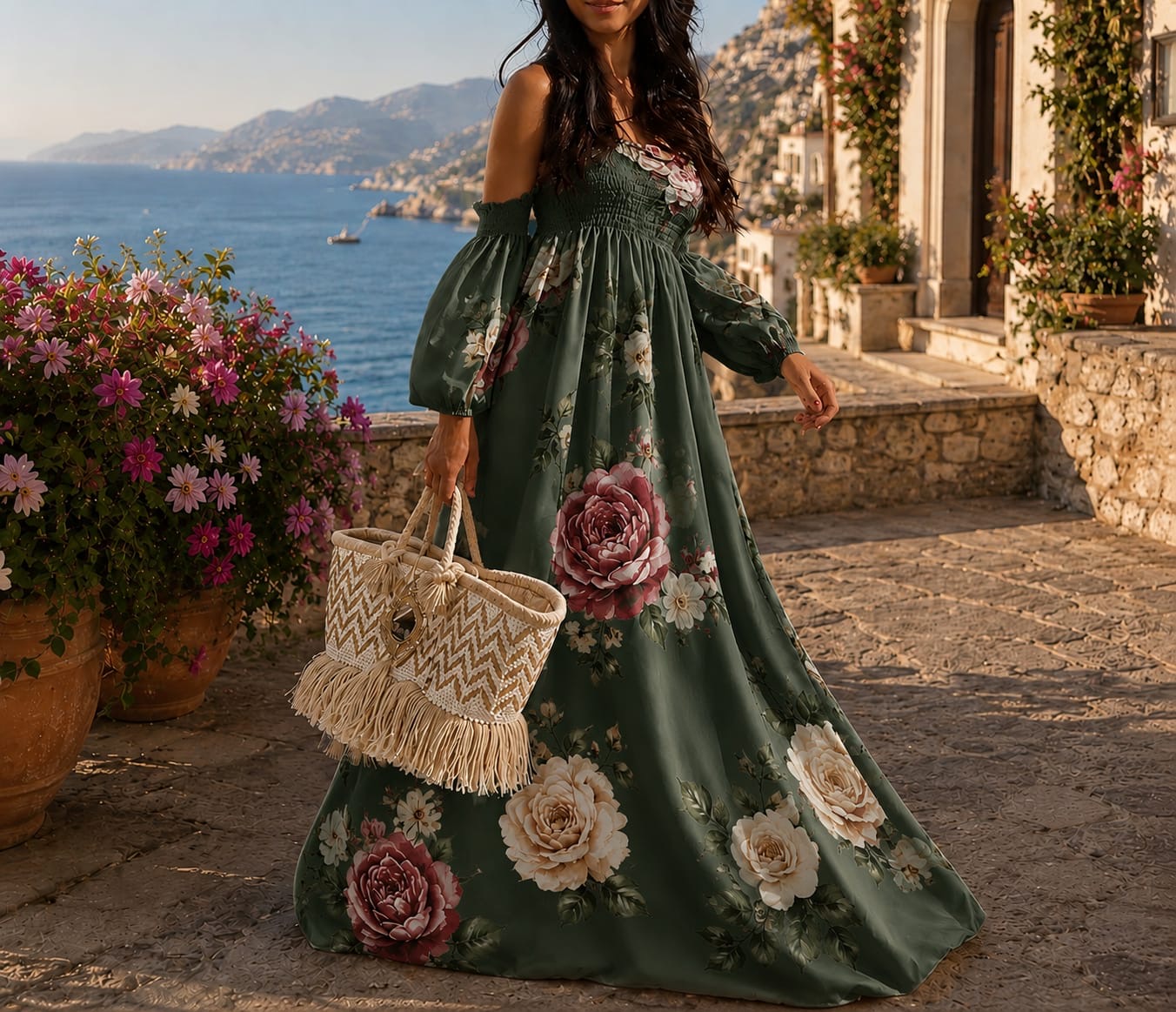 Abito Lungo Floreale Romantico con Spalle Scoperte + Borsa in omaggio – Stile Boho Chic Estivo
