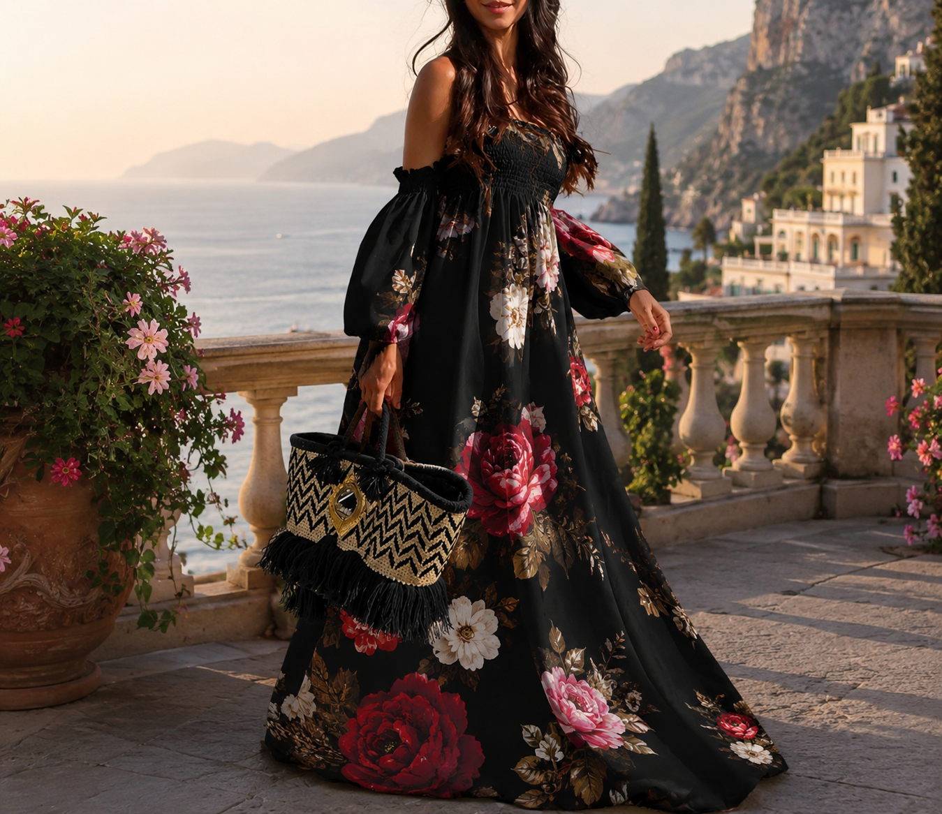 Abito Lungo Floreale Romantico con Spalle Scoperte + Borsa in omaggio – Stile Boho Chic Estivo
