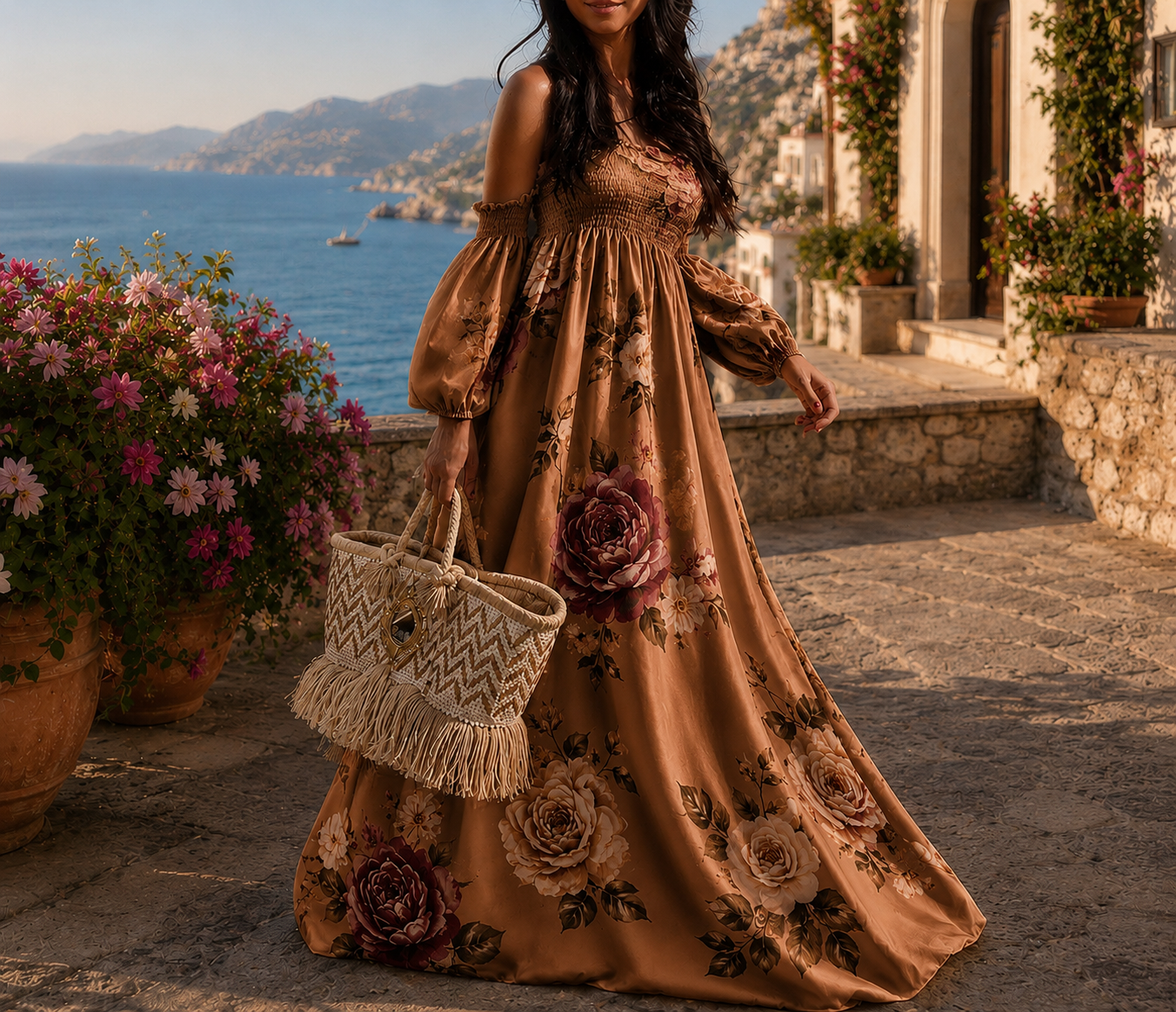 Abito Lungo Floreale Romantico con Spalle Scoperte + Borsa in omaggio – Stile Boho Chic Estivo
