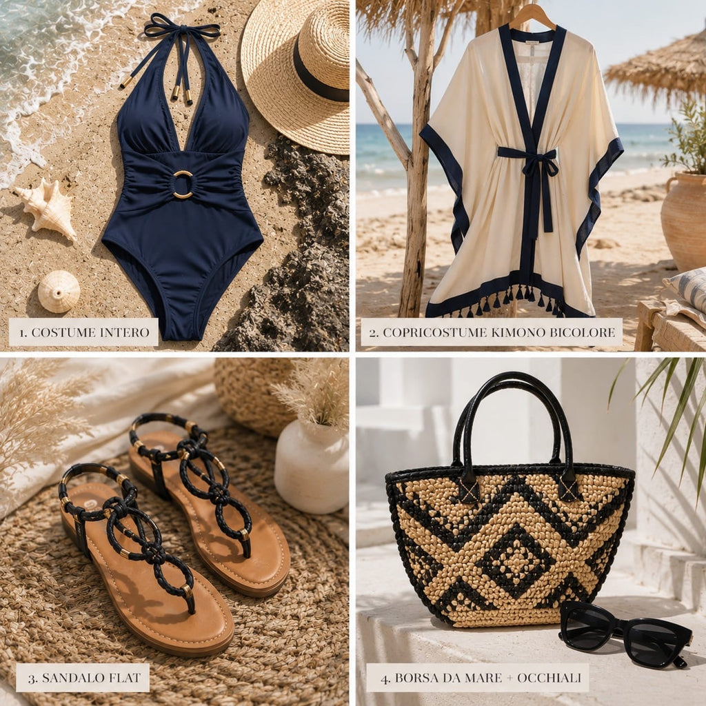 Set Mare Olbia 5 Pezzi Completo: Costume, Copricostume, Sandali Gioiello, Borsa e Occhiali da Sole