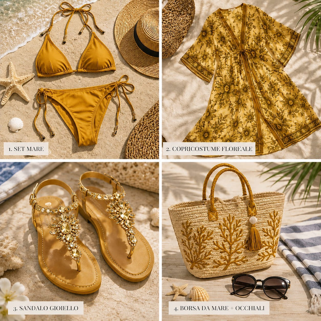 Set 5 Articoli Costume, Copricostume, Sandalo Gioiello, Borsa e Occhiali