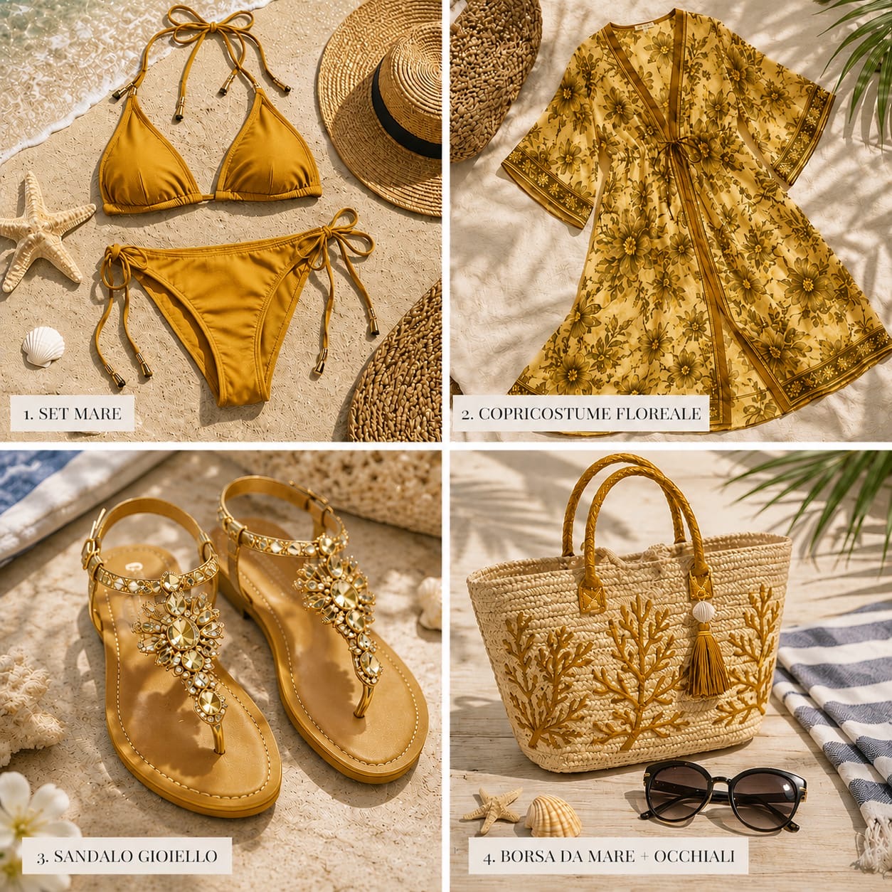 Set 5 Articoli Costume, Copricostume, Sandalo Gioiello, Borsa e Occhiali