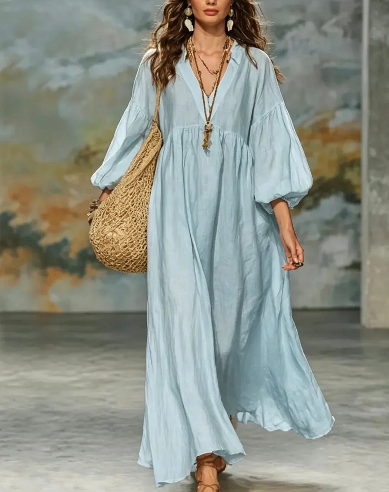 ABITO DA DONNA CON BORSA IN OMAGGIO SEMPLICE IN COTONE E LINO, STILE VACANZA.