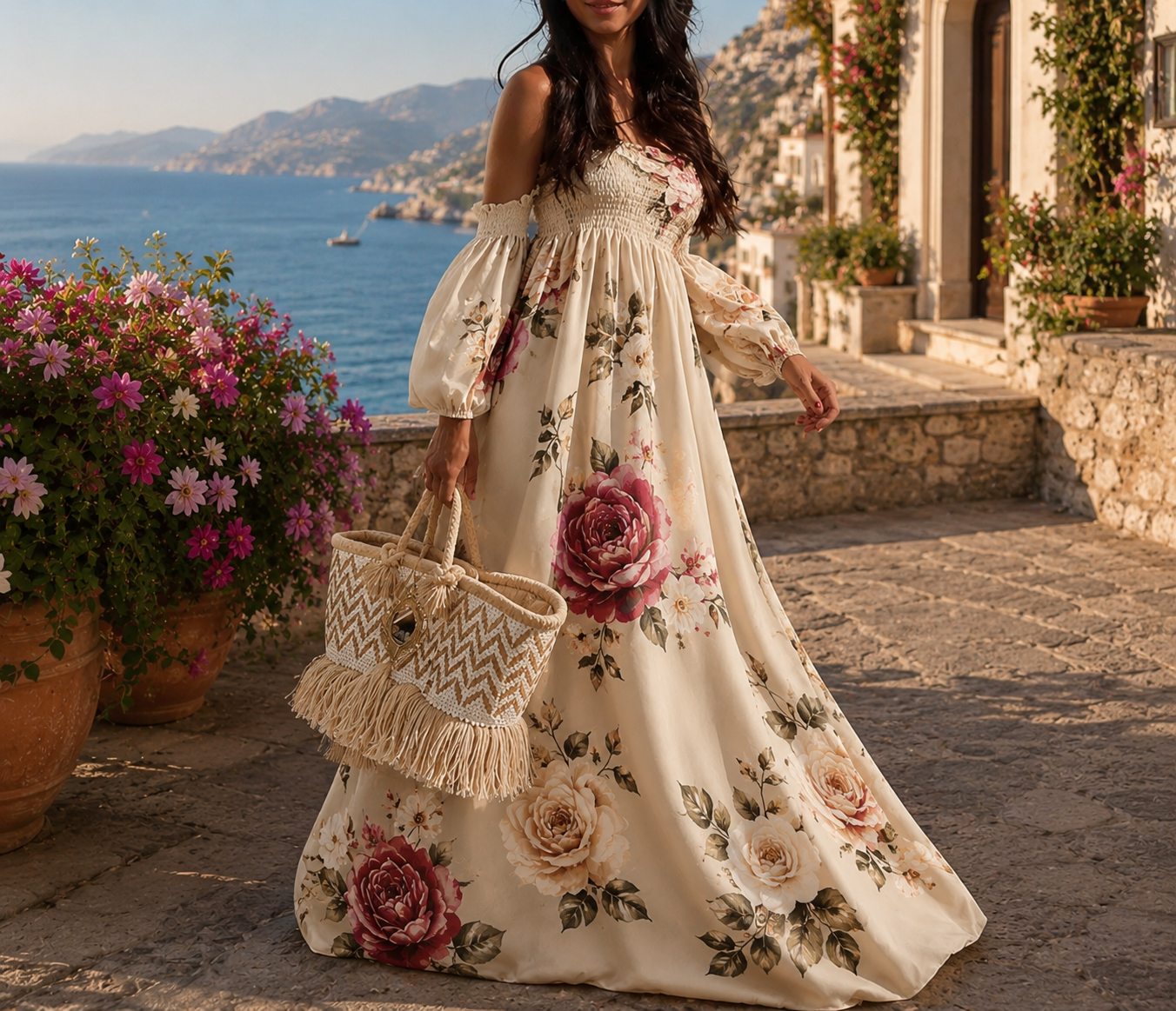 Abito Lungo Floreale Romantico con Spalle Scoperte + Borsa in omaggio – Stile Boho Chic Estivo