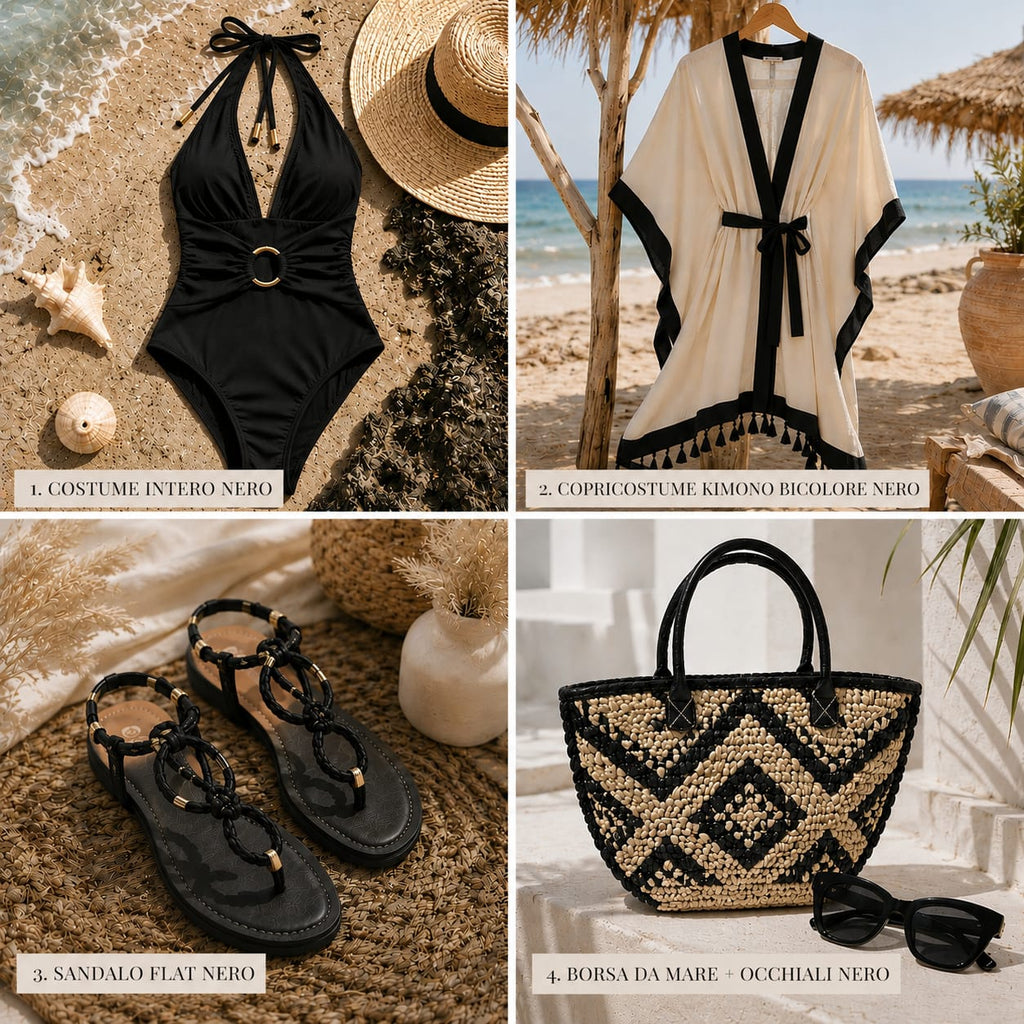 Set Mare Olbia 5 Pezzi Completo: Costume, Copricostume, Sandali Gioiello, Borsa e Occhiali da Sole