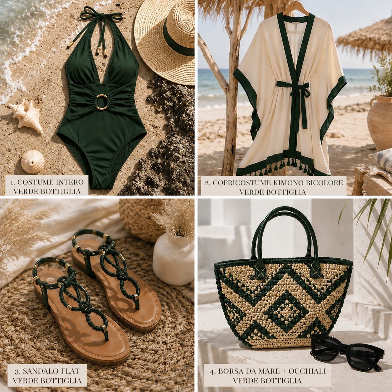 Set Mare Olbia 5 Pezzi Completo: Costume, Copricostume, Sandali Gioiello, Borsa e Occhiali da Sole