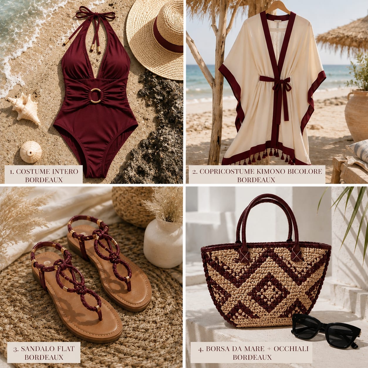 Set Mare Olbia 5 Pezzi Completo: Costume, Copricostume, Sandali Gioiello, Borsa e Occhiali da Sole