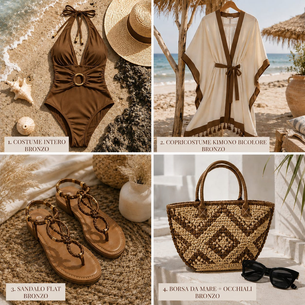 Set Mare Olbia 5 Pezzi Completo: Costume, Copricostume, Sandali Gioiello, Borsa e Occhiali da Sole