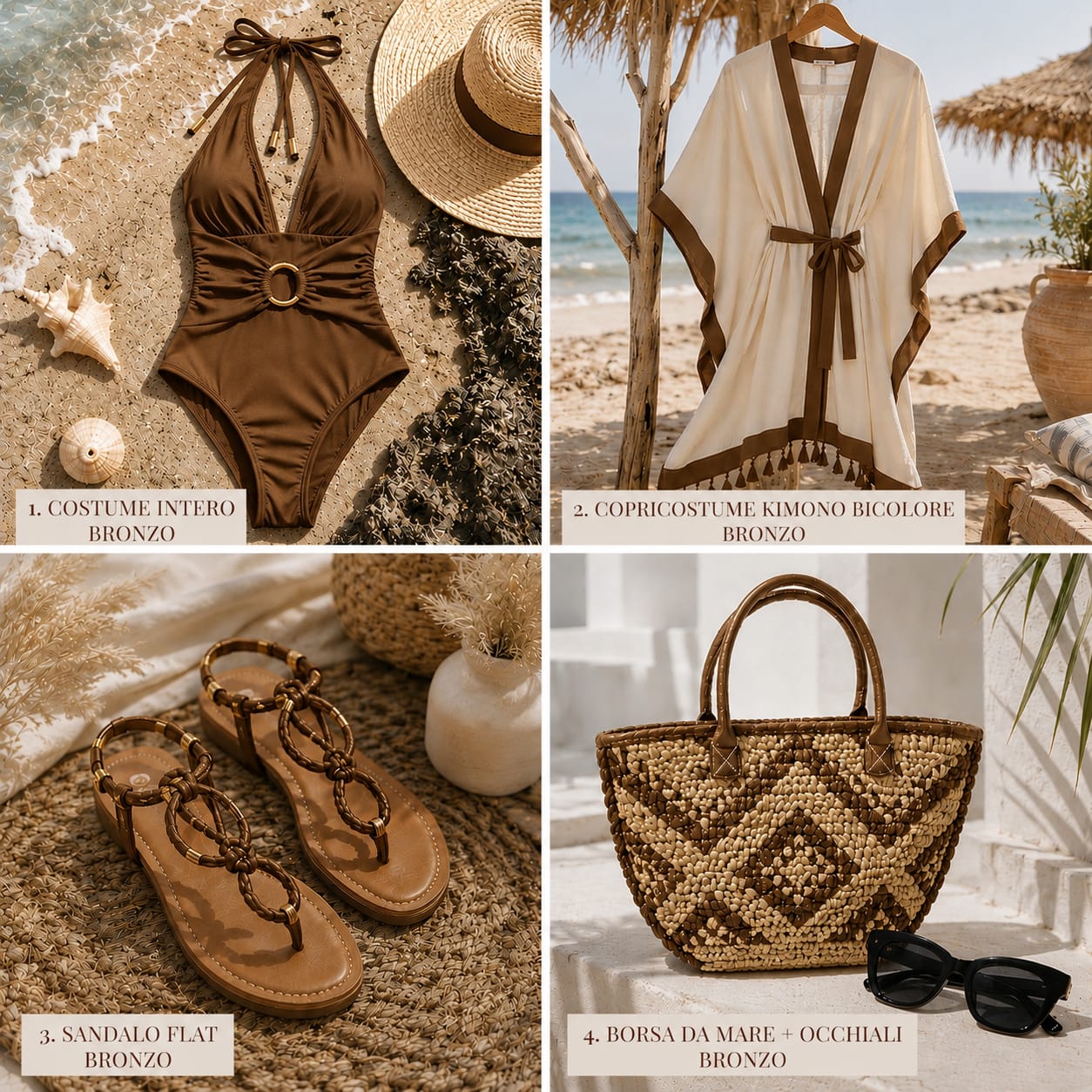 Set Mare Olbia 5 Pezzi Completo: Costume, Copricostume, Sandali Gioiello, Borsa e Occhiali da Sole