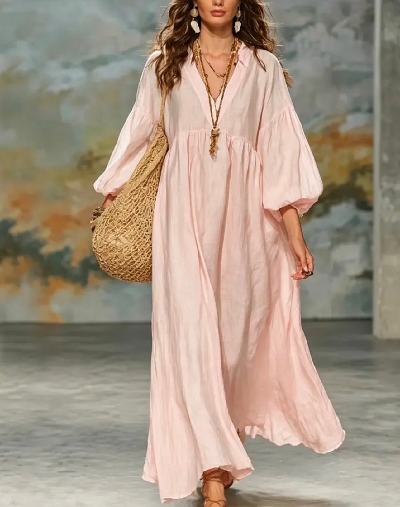 ABITO DA DONNA CON BORSA IN OMAGGIO SEMPLICE IN COTONE E LINO, STILE VACANZA.