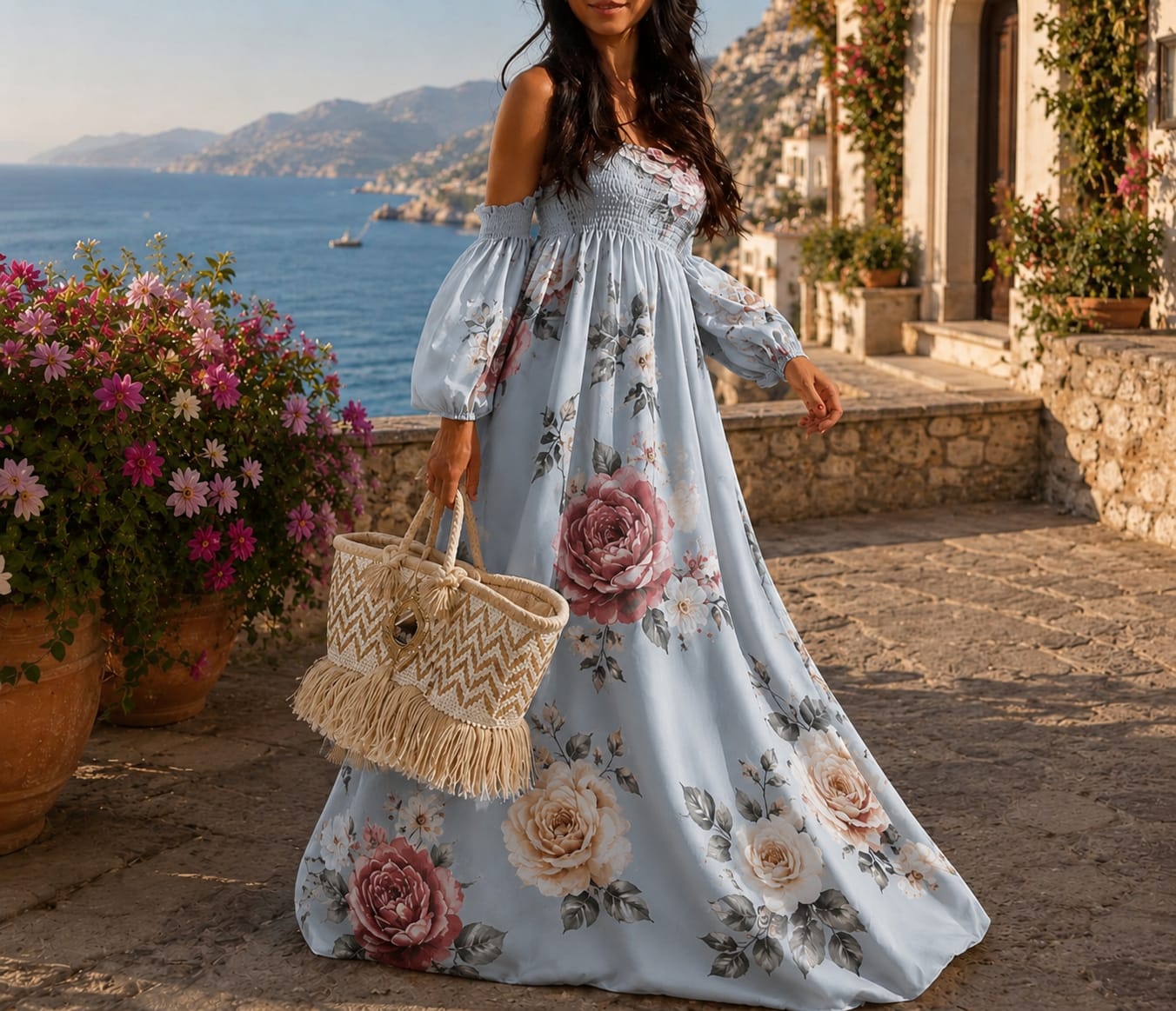 Abito Lungo Floreale Romantico con Spalle Scoperte + Borsa in omaggio – Stile Boho Chic Estivo